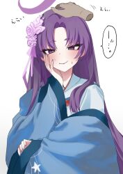 Rule 34 | 1girl, absurdres, blue archive, blush, closed mouth, dantyou2525, eyeshadow, flower, hair flower, hair ornament, halo, haori, highres, japanese clothes, long hair, looking at viewer, makeup, neckerchief, pink flower, pov, pov hands, purple eyes, purple hair, purple halo, red eyeshadow, red neckerchief, school uniform, simple background, upper body, white background, yukari (blue archive)
