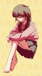 Rule 34 | 1girl, absurdres, barefoot, braid, brown hair, closed eyes, commentary, grey skirt, highres, hugging own legs, long sleeves, looking down, madotsuki, pantsu-ripper, pink sweater, pleated skirt, short hair, side braid, sitting, skirt, solo, sweater, twin braids, twintails, yellow background, yume nikki