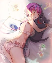 Rule 34 | 1girl, ahoge, angel, ass, blue hair, blue nails, blush, bra, braid, breasts, closed eyes, colored inner hair, commentary request, feathers, highres, hololive, lying, medium breasts, minato aqua, mugiusagi, multicolored hair, nail polish, neko (minato aqua), on bed, on side, panties, pink bra, pink hair, pink panties, revision, see-through, sleeping, streaked hair, thighs, two-tone hair, underwear, underwear only, virtual youtuber