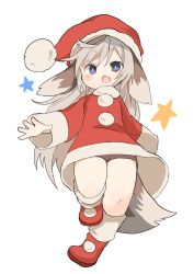 Rule 34 | 1girl, animal ears, bare legs, blue eyes, boots, chestnut mouth, christmas, coat, commentary request, dog ears, dog tail, fang, hat, konachiu, light brown hair, long hair, open mouth, original, rei-chan (konachiu), santa boots, santa costume, santa hat, sketch, solo, tail, v-shaped eyebrows, wide sleeves