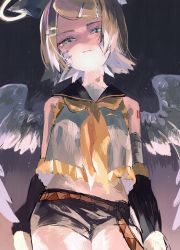 Rule 34 | angel wings, aqua eyes, bandaged arm, bandages, bandaid, bandaid on face, bare shoulders, black sailor collar, black shorts, blonde hair, bow, closed mouth, detached sleeves, feathered wings, foreshortening, from below, frown, hair bow, hair ornament, hairclip, half-closed eyes, halo, head tilt, highres, kagamine rin, kouhara yuyu, looking down, number tattoo, sailor collar, sailor shirt, serious, shirt, shorts, shoulder tattoo, sleeveless, sleeveless shirt, squinting, swept bangs, tattoo, vocaloid, white bow, white wings, wings