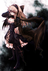 Rule 34 | 00s, 1girl, black wings, breasts, cigarette, cleavage, dress, glasses, gothic lolita, high heels, lolita fashion, long hair, rozen maiden, shoes, small breasts, solo, suigintou, tousen, wings