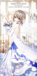 Rule 34 | 1girl, apple caramel, ass, bare shoulders, blue ribbon, blush, bouquet, breasts, bridal veil, candle, candlestand, character name, day, dress, earrings, elbow gloves, flower, girls&#039; frontline, gloves, grey hair, hair up, hand up, highres, holding, holding bouquet, indoors, jewelry, lace, lace-trimmed dress, lace-trimmed gloves, lace trim, lens flare, light particles, looking at viewer, medium breasts, ribbon, ring, short hair, solo, sparkle, strapless, strapless dress, sunlight, vector (girls&#039; frontline), veil, wedding, wedding band, wedding dress, white dress, white gloves, yellow eyes