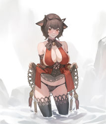 Rule 34 | 1girl, absurdres, animal ears, bare shoulders, bell, black panties, black thighhighs, blade &amp; soul, breasts, brown hair, brown hairband, character request, cleavage, controlline3, copyright request, detached sleeves, dress, gluteal fold, hairband, highres, jingle bell, large breasts, panties, red dress, red eyes, short hair, simple background, skirt hold, solo, thighhighs, underwear, wading, white background