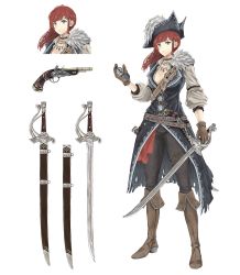 Rule 34 | 1girl, absurdres, antique firearm, art mu, belt, boots, breasts, cleavage, coat, compass, firearm, firelock, flintlock, gloves, gun, handgun, hat, highres, holding, holding weapon, jewelry, long hair, necklace, original, pants, pirate, pirate hat, pistol, red hair, simple background, solo, sword, weapon, white background