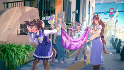 Rule 34 | 4girls, banner, bicycles only sign, blue bow, blue shorts, blue skirt, blue sky, blush, bow, bowtie, braid, braided ponytail, breasts, brown hair, brown jacket, brown pantyhose, bush, closed mouth, commentary request, day, ear covers, feet out of frame, fox mask, glowstick, green eyes, grey hair, hair between eyes, hair bow, hair ornament, hair scrunchie, highres, holding banner, holding glowstick, horse girl, horseshoe ornament, inari one (umamusume), jacket, large breasts, long skirt, long sleeves, mask, mask on head, medium bangs, multiple girls, no stopping sign, nose blush, oguri cap (umamusume), open clothes, open jacket, outdoors, pantyhose, pantyhose under shorts, pedestrians only sign, penlight (glowstick), pink bow, pink bowtie, plant, pleated skirt, potted plant, purple shirt, purple skirt, railing, reihou19, road sign, school uniform, scrunchie, shirt, short hair, shorts, sign, skirt, sky, smile, speed limit sign, standing, super creek (umamusume), tactile paving, tamamo cross (umamusume), tracen school uniform, tree, twintails, umamusume, walking, waving, white bow, white bowtie, white shirt, winter uniform