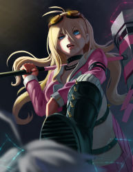 Rule 34 | 1boy, 1girl, absurdres, antenna hair, barbed wire, blonde hair, blue eyes, boots, breasts, choker, commentary, danganronpa (series), danganronpa v3: killing harmony, dudeunderscore, foot on head, goggles, goggles on head, highres, huge weapon, iruma miu, k1-b0, long hair, looking at viewer, looking down, making-of available, mallet, open mouth, over shoulder, pink skirt, revision, school uniform, serafuku, skirt, solo focus, spikes, stepped on, weapon, weapon over shoulder