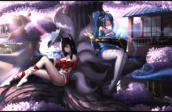 Rule 34 | 2girls, ahoge, ahri (league of legends), animal, animal ears, architecture, bare shoulders, bell, between breasts, bird, blue hair, blush, breasts, cleavage, closed mouth, cross-laced clothes, cross-laced legwear, detached sleeves, dress, east asian architecture, fox ears, fox tail, highres, hk (hk), in tree, instrument, large breasts, league of legends, legs together, letterboxed, lipstick, long hair, long sleeves, looking at viewer, magic, makeup, multiple girls, multiple tails, music, no shoes, outdoors, pink lips, playing instrument, red dress, sitting, smile, sona (league of legends), sunlight, swept bangs, tail, thighhighs, tree, twintails, upskirt, very long hair, whiskers, white legwear, yellow eyes