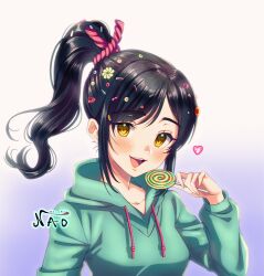 Rule 34 | 1girl, :d, absurdres, artist name, black hair, candy, food, green hoodie, hair ornament, heart, highres, holding, holding food, hood, hoodie, lollipop, long hair, long sleeves, looking at viewer, naochiarts, open mouth, ponytail, purple background, smile, solo, two-tone background, upper body, vanellope von schweetz, white background, wreck-it ralph, yellow eyes