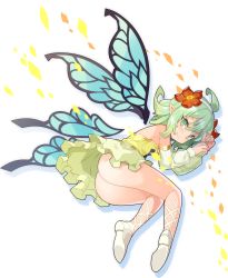 Rule 34 | 1girl, ahoge, ass, detached sleeves, dress, fairy, fairy wings, flower, green dress, green eyes, green hair, green sleeves, hair flower, hair ornament, haitenai rpg, highres, kneepits, legs, lying, no panties, on side, pointy ears, seelie (haitenai), shoes, short dress, short hair, simple background, smile, solo, strapless, strapless dress, thighs, tsudero, white background, white footwear, wings