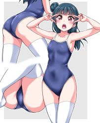 Rule 34 | 1girl, :o, arms up, ass, blue hair, blue one-piece swimsuit, blush, collarbone, commentary request, competition school swimsuit, covered navel, double v, grey background, hair bun, knees up, long hair, love live!, love live! sunshine!!, multiple views, one-piece swimsuit, outline, purple eyes, school swimsuit, side bun, single side bun, swimsuit, thighhighs, tsushima yoshiko, v, v-shaped eyebrows, v over eye, white outline, white thighhighs, yopparai oni