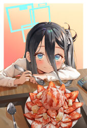 Rule 34 | 1girl, absurdly long hair, absurdres, aris (blue archive), black hair, blue archive, blue eyes, blue halo, blush, closed mouth, food, fruit, halo, highres, jhigf, long hair, long sleeves, smile, solo, spoon, strawberry, very long hair