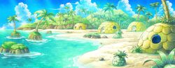 Rule 34 | artist request, beach, blue sky, cloud, coconut, coconut tree, creatures (company), day, door, game cg, game freak, grass, house, light rays, nintendo, no humans, ocean, official art, outdoors, palm tree, pokemon, pokemon mystery dungeon, pokemon mystery dungeon: rescue team dx, round window, sand, scenery, sky, sunlight, third-party source, tree, water, wide shot, window