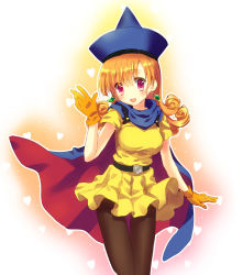 Rule 34 | 1girl, alena (dq4), bad id, bad pixiv id, belt, black pantyhose, breasts, cape, dragon quest, dragon quest iv, dress, earrings, gloves, hat, jewelry, large breasts, long hair, looking at viewer, narinn, open mouth, orange hair, pantyhose, purple eyes, skirt, smile, solo, witch hat, yellow dress, yellow gloves