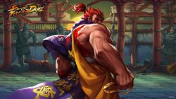 Rule 34 | abandoned, akuma (street fighter), bead necklace, beads, column, floor tiles, highres, japanese clothes, jewelry, moon, muscular, muscular male, necklace, night, night sky, official art, pillar, red eyes, red hair, sky, standing, statue, street fighter, street fighter: duel, temple