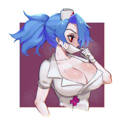 Rule 34 | + +, 1girl, absurdres, blue hair, blush, border, breasts, breath, chromatic aberration, cleavage, collarbone, from side, gloves, hat, highres, large breasts, latex, latex gloves, mask, mask pull, mouth mask, nurse cap, ponytail, profile, red background, red eyes, skullgirls, solo, surgical mask, sweat, uchujin 416, upper body, valentine (skullgirls), white border