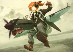 Rule 34 | 1girl, asterisk kome, boots, flying, gloves, grin, headphones, jacket, leather, leather jacket, mecha musume, necktie, original, p-40, parachute, paratrooper, ponytail, red hair, short hair, smile, solo, wings