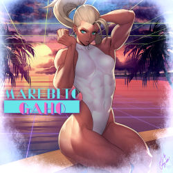 Rule 34 | 1girl, abs, absurdres, ahoge, ass, bare arms, bare shoulders, beach, blonde hair, breasts, broad shoulders, collarbone, dark skin, earrings, feet out of frame, forehead, green eyes, grid background, hair pulled back, hairband, highres, huge ahoge, jewelry, leotard, lighthouse, long hair, looking at viewer, makeup, mascara, medium breasts, muscular, muscular arms, muscular female, muscular legs, muscular, navel, ocean, ogami, one-piece swimsuit, original, outdoors, palm tree, ponytail, signature, simple background, sitting, skin tight, solo, sun, sunset, swimsuit, synthwave, tan, thick thighs, thighs, thong leotard, toned, toned stomach, tree, vaporwave, white one-piece swimsuit, wide hips