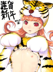 Rule 34 | 10s, 1girl, 2010, alena (dq4), animal costume, animal ears, animal hands, animal print, bad id, bad pixiv id, chunsoft, costume, dragon quest, dragon quest iv, enix, fangs, flat chest, long hair, mahito, nipples, orange hair, red eyes, solo, tiger, tiger costume, tiger ears, tiger print, whiskers