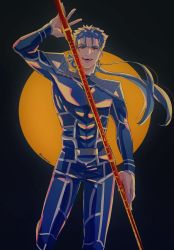 Rule 34 | 1boy, armor, biceps, blue bodysuit, blue hair, bodysuit, cu chulainn (fate), cu chulainn (fate/stay night), earrings, fangs, fate/stay night, fate (series), floating hair, gae bolg (fate), grin, highres, holding, holding polearm, holding weapon, jewelry, kuropani cos, long hair, looking at viewer, male focus, muscular, muscular male, open mouth, pauldrons, pectorals, polearm, ponytail, red eyes, shoulder armor, skin tight, smile, solo, spiked hair, weapon