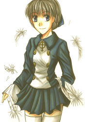 Rule 34 | 1girl, alice elliot, blue dress, braid, brown eyes, brown hair, buttons, collarbone, double-breasted, dress, french braid, long sleeves, looking at viewer, lowres, shadow hearts, short hair, solo, standing, thighhighs, white thighhighs, zettai ryouiki