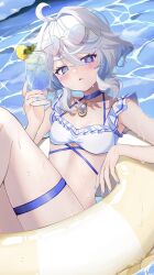 1girl @_@ ahoge alternate_costume bikini blue_hair blue_nails blue_sky breasts cleavage cloud collarbone cowboy_shot cup eyewear_on_head fingernails furina_(genshin_impact) genshin_impact hair_between_eyes heterochromia highres holding holding_cup light_blue_hair looking_at_viewer multicolored_hair nail_polish ocean outdoors parted_lips rinmel9 short_hair sidelocks sitting sky small_breasts solo streaked_hair sunglasses swimsuit two-tone_hair water water_drop wet white_bikini white_hair