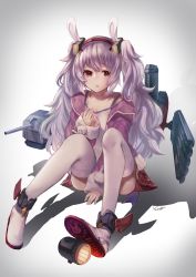 Rule 34 | 1girl, animal ears, azur lane, between legs, breasts, camisole, cannon, cleavage, collarbone, commentary request, full body, hairband, hand between legs, hand on own chest, headgear, highres, jacket, karinto yamada, laffey (azur lane), long hair, long sleeves, looking at viewer, machinery, off shoulder, parted lips, pink jacket, pleated skirt, rabbit ears, red eyes, red hairband, red skirt, searchlight, shoes, sidelocks, simple background, sitting, skirt, sleeves past wrists, small breasts, solo, thighhighs, torpedo, turret, twintails, very long hair, white background, white camisole, white footwear, white thighhighs