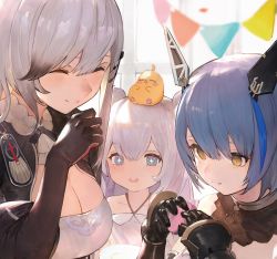 Rule 34 | + +, 3girls, azur lane, bad id, bad twitter id, bare shoulders, bird, blue eyes, blue hair, blush, breasts, chick, choker, cleavage, closed mouth, collarbone, double bun, dress, dunkerque (azur lane), floating headgear, food, gascogne (azur lane), gauntlets, grey hair, hair between eyes, hair bun, hair ornament, hand up, headgear, highres, holding, holding food, lard (kumazakiyuta), large breasts, le malin (azur lane), long hair, looking at viewer, medium breasts, multicolored hair, multiple girls, short hair, shrug (clothing), sidelocks, small breasts, smile, strapless, strapless dress, symbol-shaped pupils, very long hair, white dress, yellow eyes