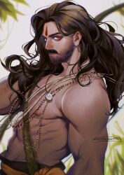 Rule 34 | 1boy, abs, bara, beard, character request, chest hair, dark-skinned male, dark skin, facial hair, facial mark, forehead mark, from side, highres, indian, large pectorals, long hair, looking at viewer, male focus, mature male, muscular, muscular male, mustache, nipples, pectorals, red eyes, rrr (movie), serious, solo, stomach, thick eyebrows, thick mustache, topless male, upper body, wosara