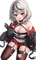 Rule 34 | 1girl, bad id, bad twitter id, bare shoulders, belt, black choker, black gloves, black jacket, braid, breasts, brown thighhighs, camisole, choker, cleavage, fang, finger to mouth, fingerless gloves, frilled shirt, frills, funii, garter straps, gloves, grey hair, hand up, hololive, jacket, large breasts, long sleeves, looking at viewer, miniskirt, multicolored hair, nail polish, off shoulder, open clothes, open jacket, open mouth, plaid, plaid skirt, pleated skirt, red eyes, red skirt, sakamata chloe, seiza, shirt, short hair, sitting, skirt, sleeveless, sleeveless shirt, smile, solo, streaked hair, thighhighs, thighs, torn clothes, torn thighhighs, transparent background, virtual youtuber, white shirt, zettai ryouiki