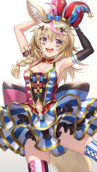 Rule 34 | 1girl, animal ears, armpits, arms up, bare shoulders, blonde hair, blush, bow, braid, breasts, clothing cutout, fox ears, fox girl, guchico, hair between eyes, hair ornament, hands on headwear, hat, heart, highres, hololive, jester cap, long hair, looking at viewer, medium breasts, multicolored hair, navel, navel cutout, omaru polka, omaru polka (1st costume), open mouth, pink hair, playing card theme, purple eyes, smile, solo, thighhighs, thighs, virtual youtuber