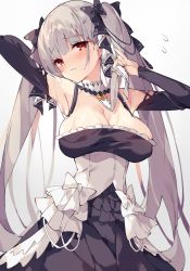 Rule 34 | 1girl, arm behind head, azur lane, black dress, black ribbon, blunt bangs, blush, breasts, cleavage, closed mouth, commentary request, detached collar, dress, formidable (azur lane), gradient background, grey background, grey hair, hair ribbon, highres, large breasts, long hair, looking at viewer, red eyes, ribbon, solo, twintails, two-tone dress, two-tone ribbon, unacchi (nyusankin), white dress, white ribbon