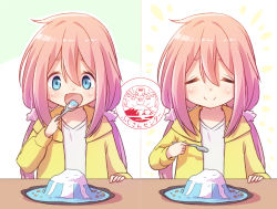 Rule 34 | 1girl, blue eyes, commentary, curry, curry rice, eating, closed eyes, food, heyacamp, highres, kagamihara nadeshiko, left-to-right manga, long hair, multiple views, nyaa (nnekoron), pink hair, rice, scrunchie, spoon, translated, twintails, yurucamp