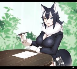 Rule 34 | 10s, 1girl, animal ears, black hair, blue eyes, breasts, cleavage, fang, fur collar, gloves, grey wolf (kemono friends), hayabusa (vert 320), heterochromia, kemono friends, large breasts, long hair, long sleeves, looking at viewer, multicolored hair, necktie, open mouth, paper, pen, sitting, skirt, table, two-tone hair, wolf ears, yellow eyes
