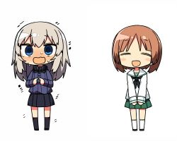 Rule 34 | 10s, 2girls, blouse, blue eyes, brown eyes, brown hair, chibi, collar, commentary request, female focus, girls und panzer, green skirt, itsumi erika, kanikama, long sleeves, lowres, multiple girls, nishizumi miho, ooarai school uniform, open mouth, pleated skirt, school uniform, serafuku, shirt, short hair, simple background, skirt, smile, sweatdrop, trembling, uniform, white background, white shirt