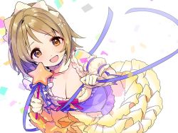 Rule 34 | 10s, 1girl, :d, bad id, bad twitter id, blue ribbon, breasts, brown eyes, brown hair, cleavage, commentary request, flower, frilled skirt, frilled sleeves, frills, gloves, hair flower, hair ornament, hairband, holding, holding ribbon, holding wand, homua, idolmaster, idolmaster cinderella girls, mimura kanako, open mouth, ribbon, short hair, skirt, smile, solo, wand, white gloves