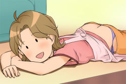 Rule 34 | 1girl, ahoge, apron, armpit hair, ass, blush, brown hair, butt crack, chi&#039;s sweet home, clothes pull, downpants, haruyama kazunori, lying, mom (chi&#039;s sweet home), no nose, o o, on stomach, panties, pants, pants pull, panty pull, side-tie panties, smile, solo, underwear