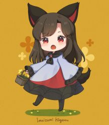 Rule 34 | 1girl, animal ears, ascot, basket, black ascot, black dress, black footwear, boots, brown background, brown flower, brown hair, character name, chibi, commentary request, dress, english text, eyelashes, fang, flower, frills, gem, grass, grey dress, hand up, imaizumi kagerou, iris anemone, jewelry, leaf, leg up, long hair, long sleeves, looking to the side, open mouth, red dress, red eyes, red gemstone, simple background, solo, standing, standing on one leg, tail, tongue, touhou, wide sleeves, wolf ears, wolf tail, yellow flower