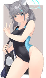 Rule 34 | 1girl, animal ear fluff, animal ears, bag, black one-piece swimsuit, blue archive, blue eyes, breasts, competition swimsuit, contrapposto, covered navel, cross hair ornament, extra ears, grey hair, hair ornament, halo, highres, looking at viewer, low ponytail, medium breasts, medium hair, mismatched pupils, multicolored clothes, multicolored swimsuit, official alternate costume, one-piece swimsuit, ryoutsu, shiroko (blue archive), shiroko (swimsuit) (blue archive), solo, swimsuit, wolf ears