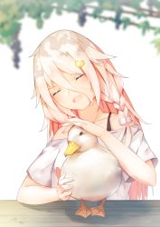 Rule 34 | 1girl, absurdres, bare shoulders, bird, braid, cevio, collarbone, commentary, dappled sunlight, duck, duck hair ornament, hair flaps, hair ornament, hairclip, head tilt, highres, ia (vocaloid), long hair, off-shoulder shirt, off shoulder, open mouth, outdoors, petting, pink hair, shirt, short sleeves, side braid, smile, songjiangcc, spaghetti strap, sunlight, table, tree, upper body, very long hair, vocaloid, white background, white shirt