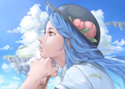 Rule 34 | 1girl, black hat, blue hair, blue sky, closed mouth, cloud, cloudy sky, commentary request, day, floating island, food, from side, fruit, hat, highres, hinanawi tenshi, leaf, long hair, nagi (xx001122), peach, portrait, profile, red eyes, shirt, short sleeves, sky, solo, touhou, white shirt, wind