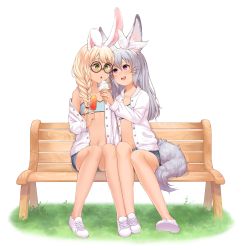 Rule 34 | 2girls, animal ears, bench, black-framed eyewear, blonde hair, blue shorts, blush, braid, commission, crop top, denim, denim shorts, flat chest, food, fox ears, fox girl, fox tail, glasses, green eyes, grey hair, highres, holding, holding food, ice, ice cream cone, ice cube, long hair, looking at another, multiple girls, navel, open mouth, original, parted lips, popsicle, purple eyes, rabbit ears, rabbit girl, round eyewear, shoes, short shorts, shorts, single braid, sitting, smile, sneakers, susukitten, tail, teeth, upper teeth only, whiskers, white footwear