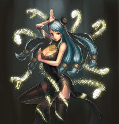 Rule 34 | (tat), 1girl, absurdres, black dress, black thighhighs, blue hair, china dress, chinese clothes, double bun, dress, fighting stance, gradient background, green eyes, hair bun, highres, long hair, original, smile, snake, solo, standing, standing on one leg, thighhighs