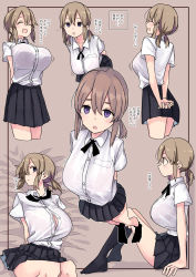 Rule 34 | 1girl, ^ ^, ^o^, absurdres, arms behind back, black socks, blouse, bra, bra visible through clothes, breast pocket, breasts, brown hair, closed eyes, collared shirt, commentary request, foreshortening, from side, hair between eyes, highres, kneehighs, large breasts, long hair, looking at viewer, lying, multiple views, on back, original, pleated skirt, pocket, ponytail, purple eyes, rucchiifu, shirt, shirt tucked in, skirt, socks, thighs, translation request, underwear, white shirt