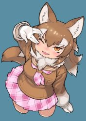 Rule 34 | 1girl, animal ear fluff, animal ears, blue background, brown hair, brown sweater, fang, from above, fur collar, gloves, highres, japanese wolf (kemono friends), kemono friends, long hair, long sleeves, multicolored hair, neckerchief, one eye closed, open mouth, orange eyes, pink neckerchief, pink skirt, plaid, plaid neckerchief, plaid skirt, pleated skirt, rinx, sailor collar, salute, simple background, skirt, solo, sweater, tail, two-tone hair, vulcan salute, white fur, white gloves, white hair, wolf ears, wolf girl, wolf tail