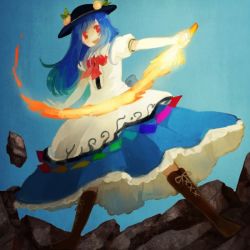 Rule 34 | 1girl, bad id, bad pixiv id, blue hair, blush, boots, female focus, food, fruit, gradient background, hat, hinanawi tenshi, long hair, peach, red eyes, ribbon, skirt, smile, solo, sword, sword of hisou, touhou, weapon, yujup