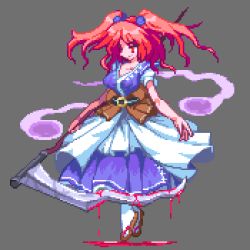 1girl bad_id bad_pixiv_id belt blood breasts cleavage dress female_focus hair_bobbles hair_ornament hitodama japanese_clothes kou_2008 lowres medium_breasts onozuka_komachi pixel_art polearm red_eyes red_hair scythe solo spirit touhou twintails two_side_up weapon