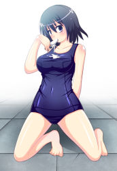 Rule 34 | bad id, bad pixiv id, black hair, blue eyes, breasts, dripping, food, kneeling, large breasts, nakaya, one-piece swimsuit, original, popsicle, school swimsuit, shirt, solo, swimsuit, taut clothes, taut shirt