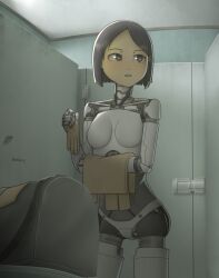 Rule 34 | 1girl, android, black hair, bob cut, breasts, grey eyes, hair ornament, highres, indoors, lock, mecha peenoise, mechanical arms, mechanical legs, medium breasts, open mouth, original, parted bangs, robot girl, science fiction, short hair, solo, toilet stall