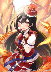 Rule 34 | 1girl, absurdres, black hair, blush, breasts, chase! (love live!), commentary, earrings, fingerless gloves, fire, gloves, grey eyes, hair ornament, hat, highres, holding, holding microphone, jewelry, long hair, looking at viewer, love live!, love live! nijigasaki high school idol club, medium breasts, microphone, music, one side up, red gloves, sidelocks, singing, solo, wasawasabidayo, yuki setsuna (love live!)